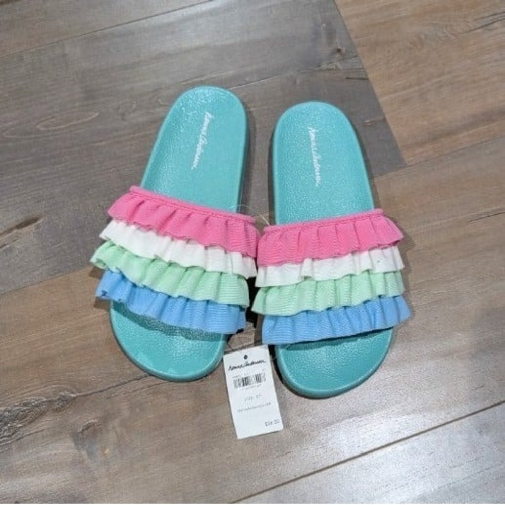 Hanna Andersson Girls Rainbow Ruffle Slides Sandals Size 2 NWT
